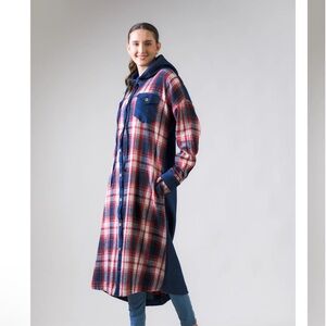 NWT Rhea Audrey Long Jacket Plaid Patchwork Hooded Women’s S/M